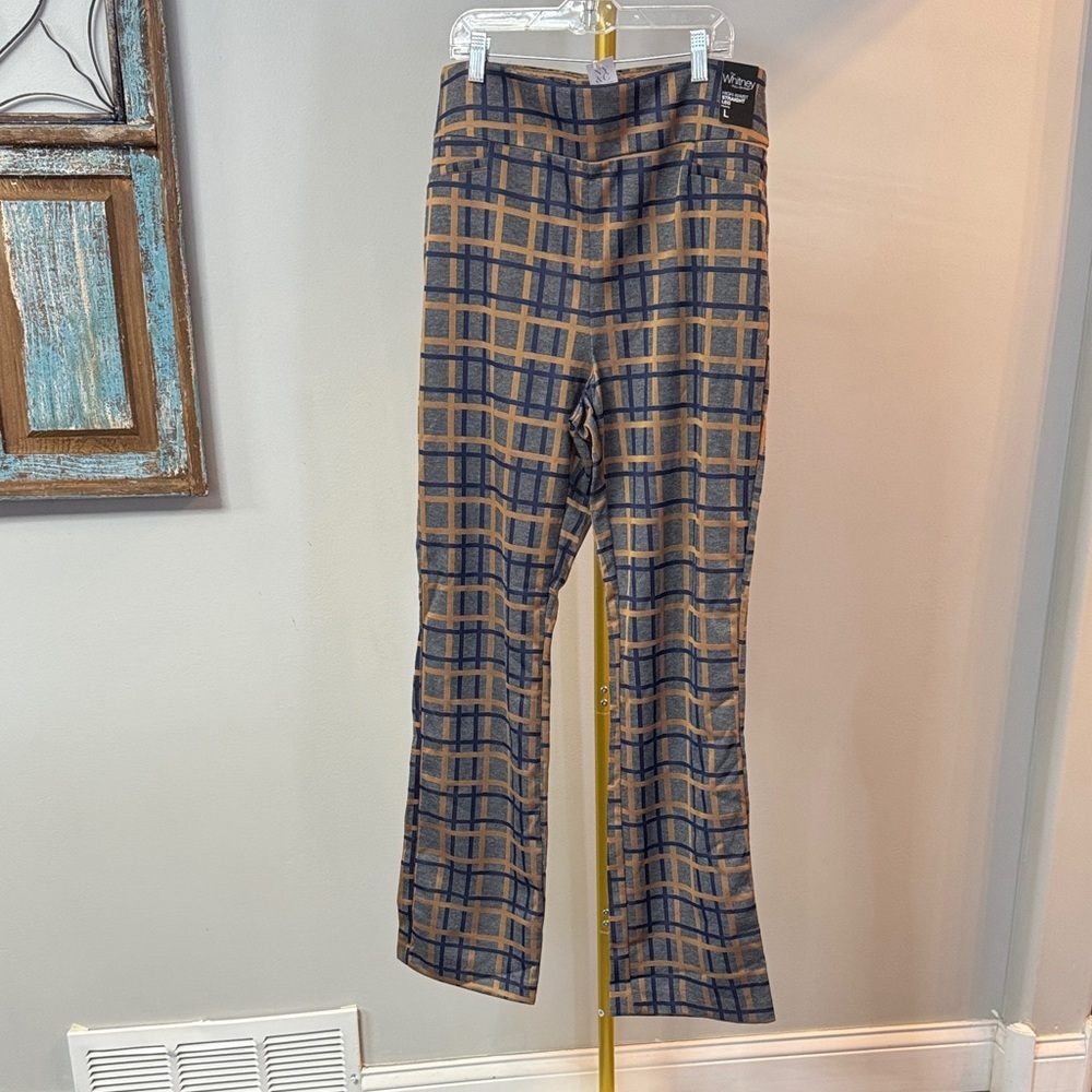 New York & Company High-Waist Pants gold plaid checkered pull on trousers NEW L